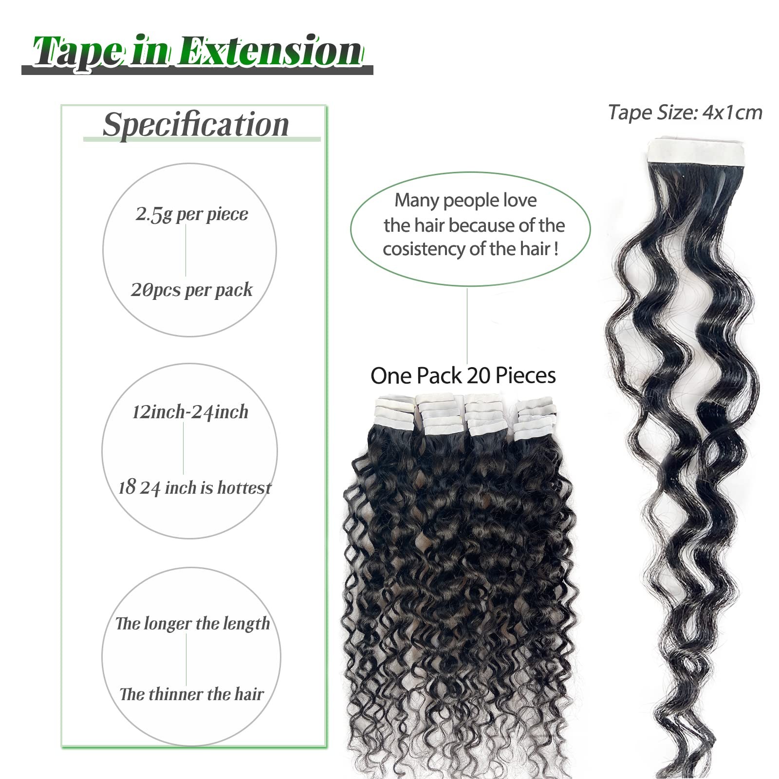 Invisible Tape in Hair Extensions Human Hair 24 Inch Water Wave Natural Black