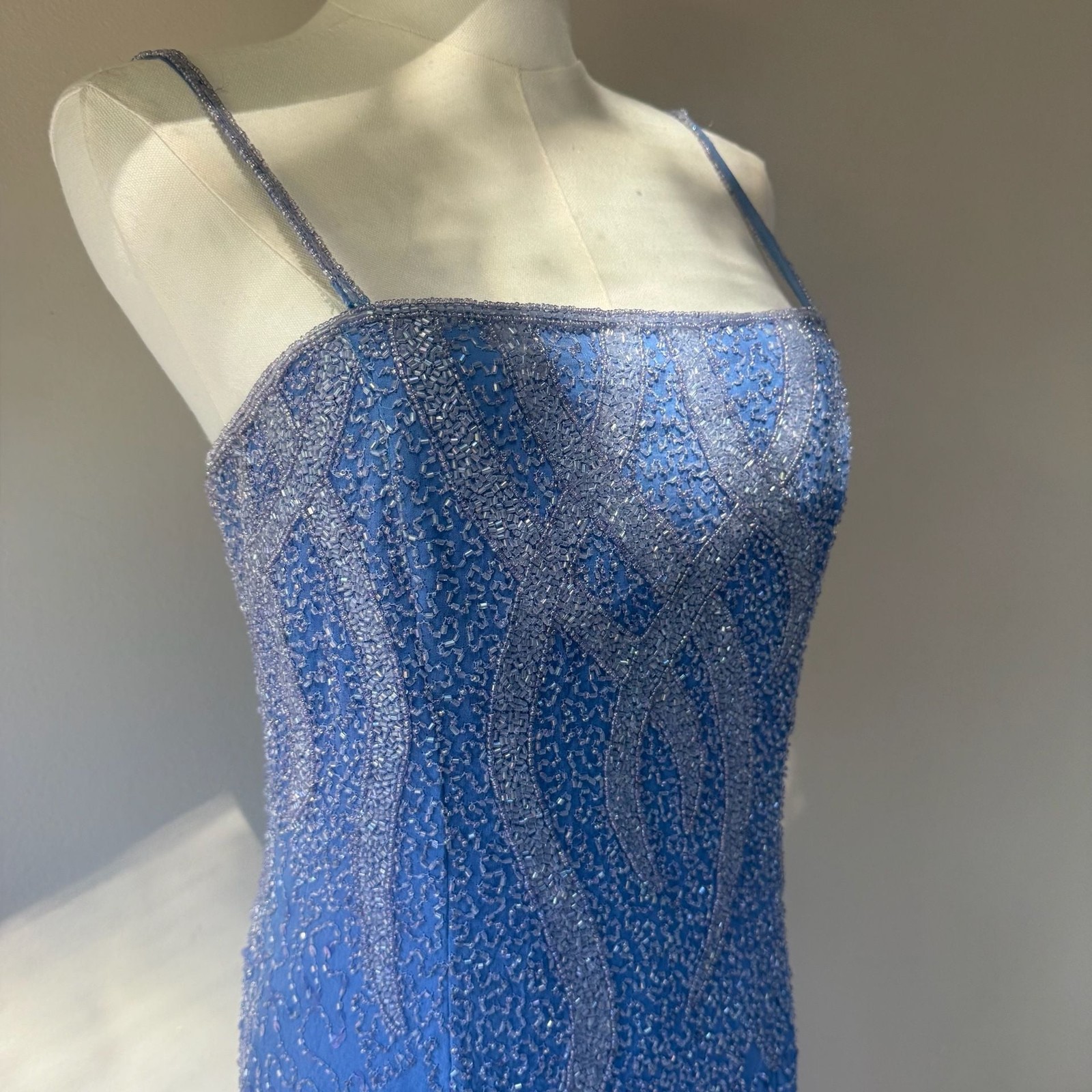 Vintage Blue Fully Beaded 100% Silk Maxi Column Evening Gown