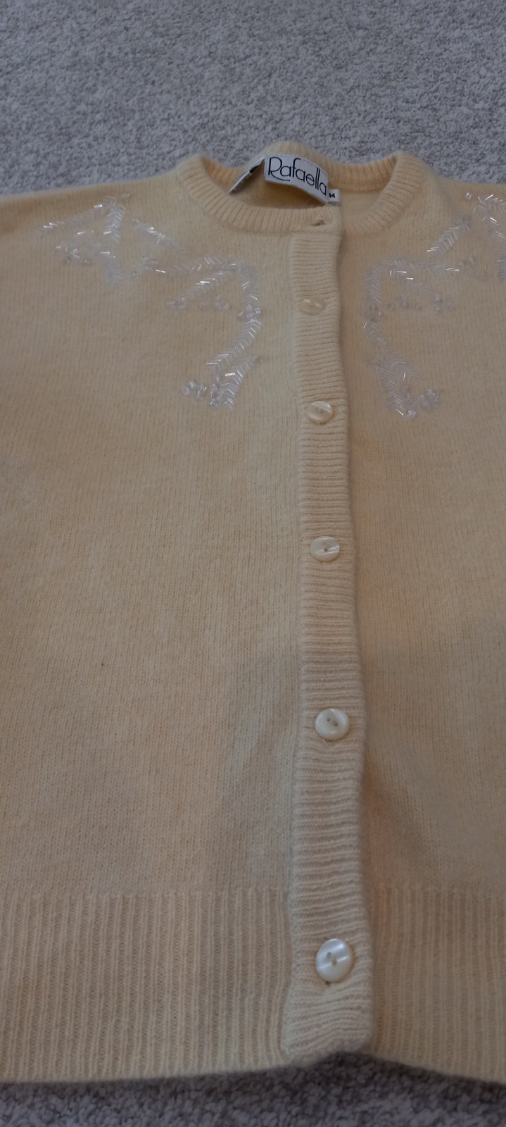 VTG Rafaella Pale Yellow Lambswool Angora Beaded Cardigan M 80s 90s Hong Kong