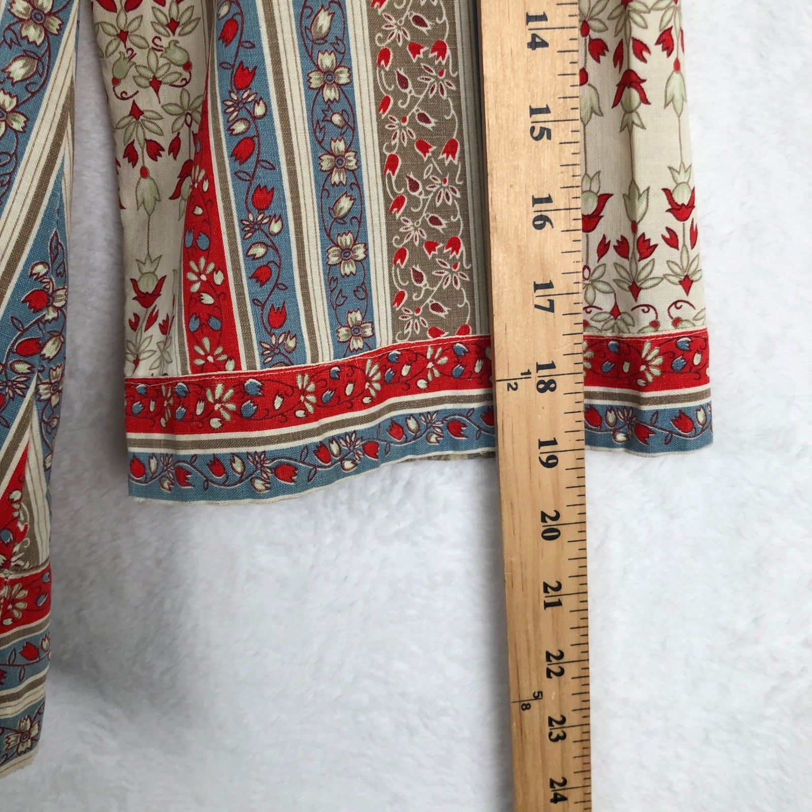 VTG 70s Handmade Floral Striped Toggle Button Tunic Top Sz M Red Blue Cream Boho