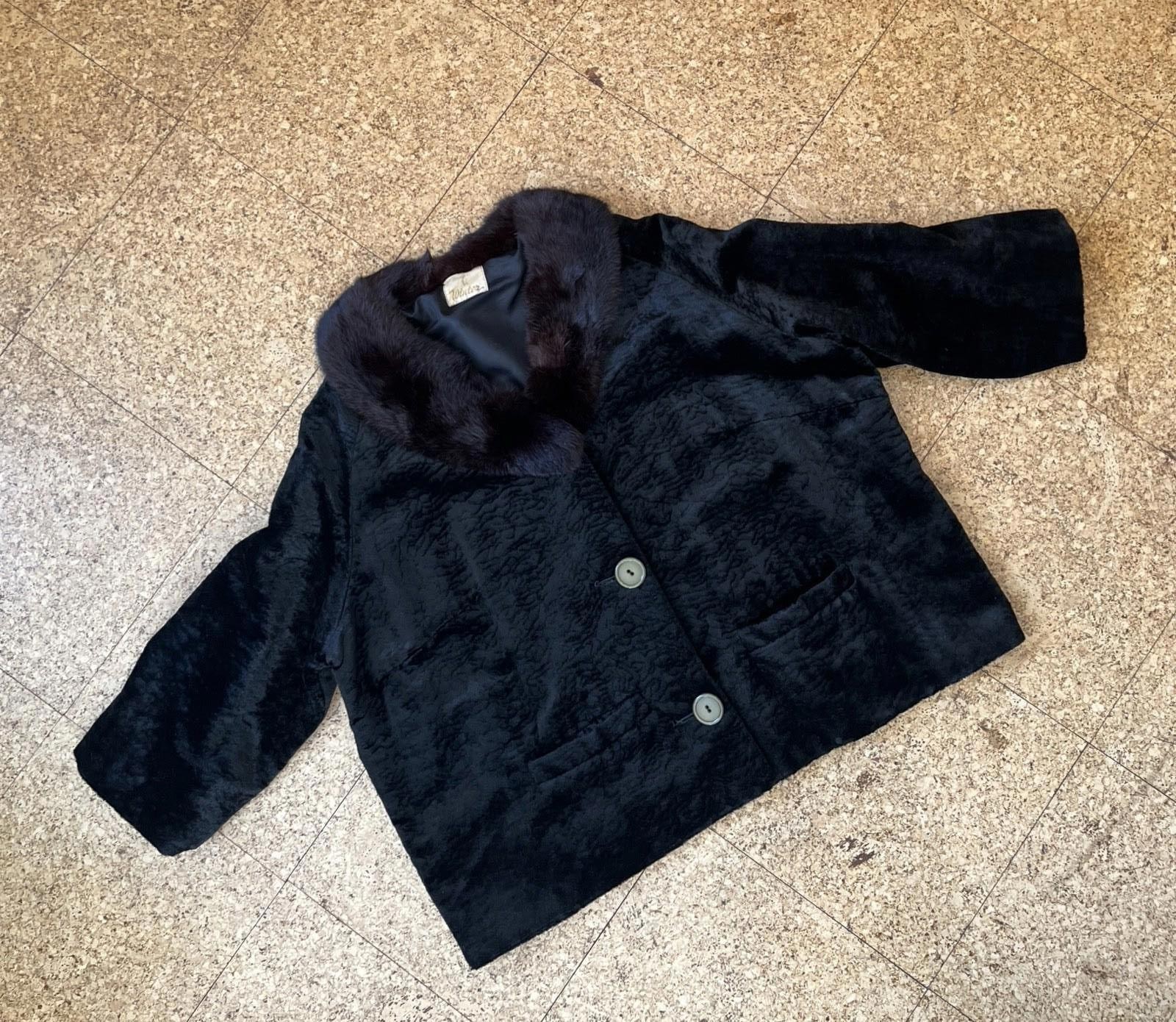 Vtg 60s Crushed Velvet Coat Real Mink Fur Collar Styled by Winter Black L XL