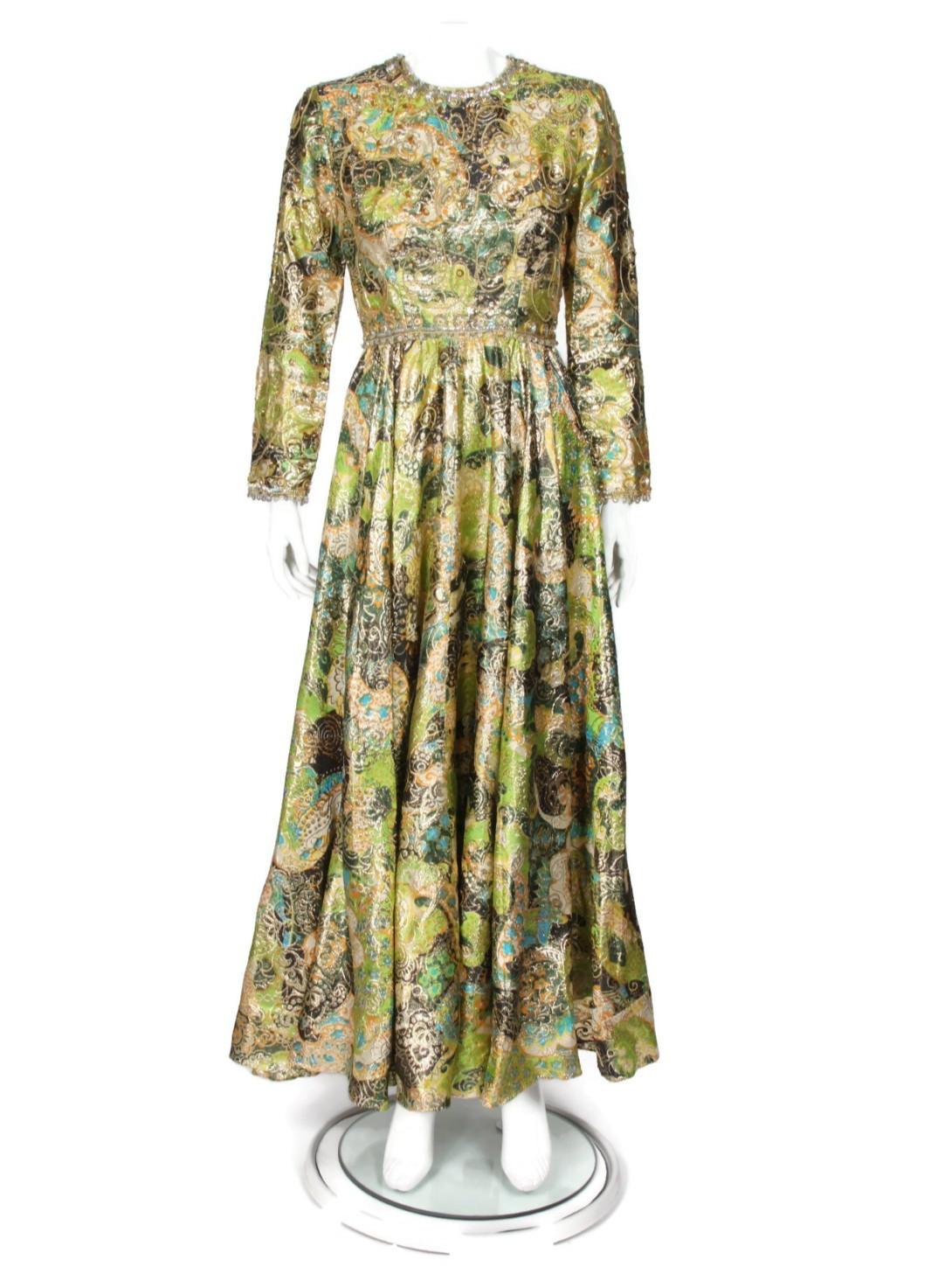 Vintage Boutique 1960s Metallic Lamé Brocade Beaded Evening Maxi Dress M/L /081
