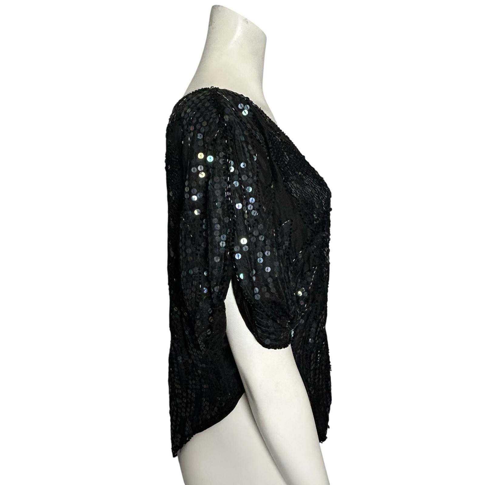 Vintage Linsiano Black Silk Sequin Butterfly Top OS 54” Chest Boho Glam Evening