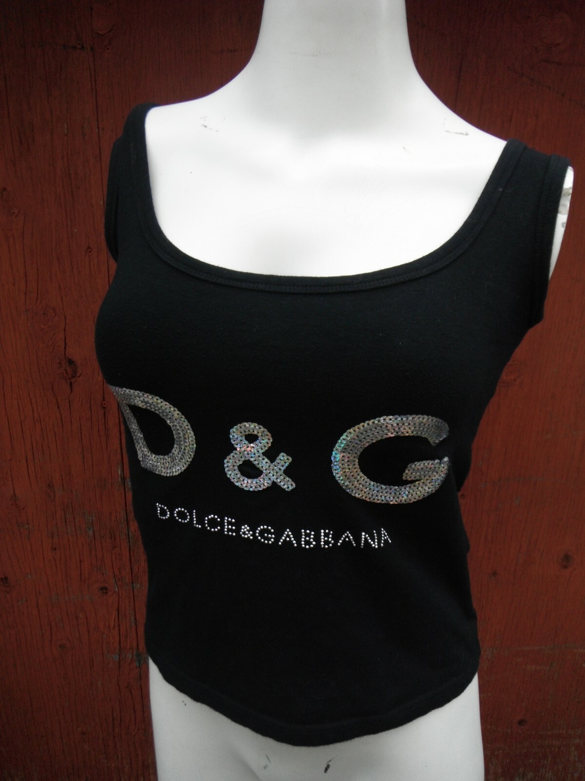 VTG. 90&rsquo;s DOLCE & GABBANA D&G large HOLO sequin letters spellout LOGO crop top M