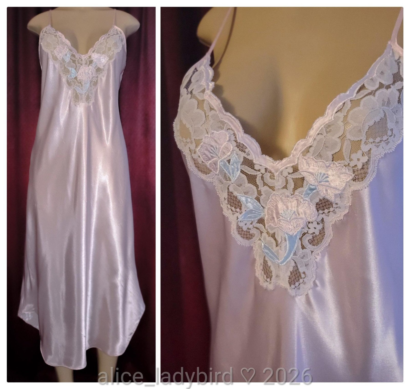 Vintage BEAUTY Liquid SATIN Full Dress SLIP Long GOWN Floral Lace ~L 38-40