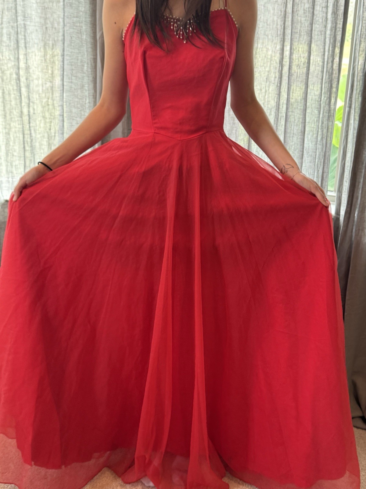 60s Vintage Bright Pink Spaghetti Strap Evening Gown With Chiffon Overlay Size S