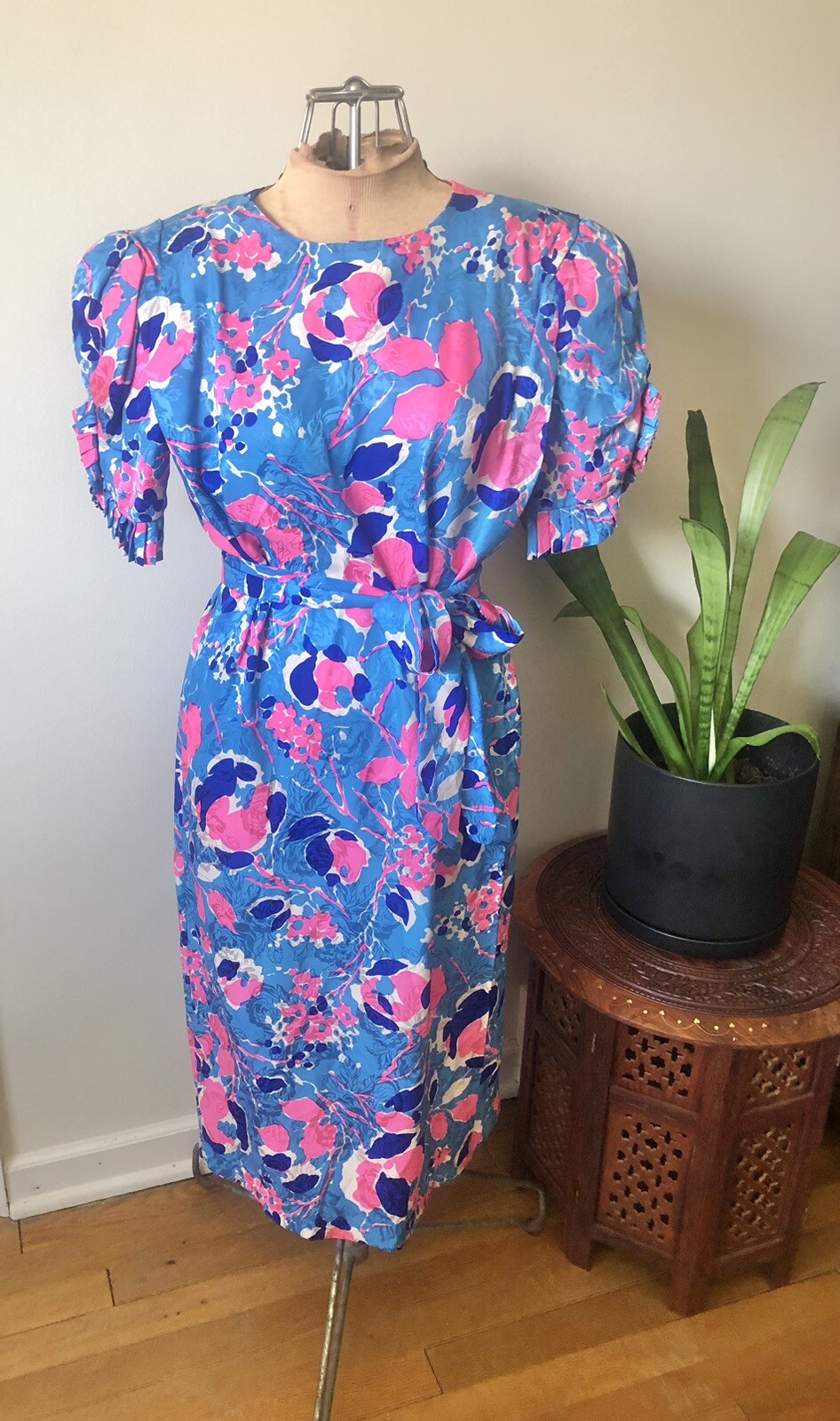 Flora Kung Aqua & Hot Pink Floral 80’s Silk Dress