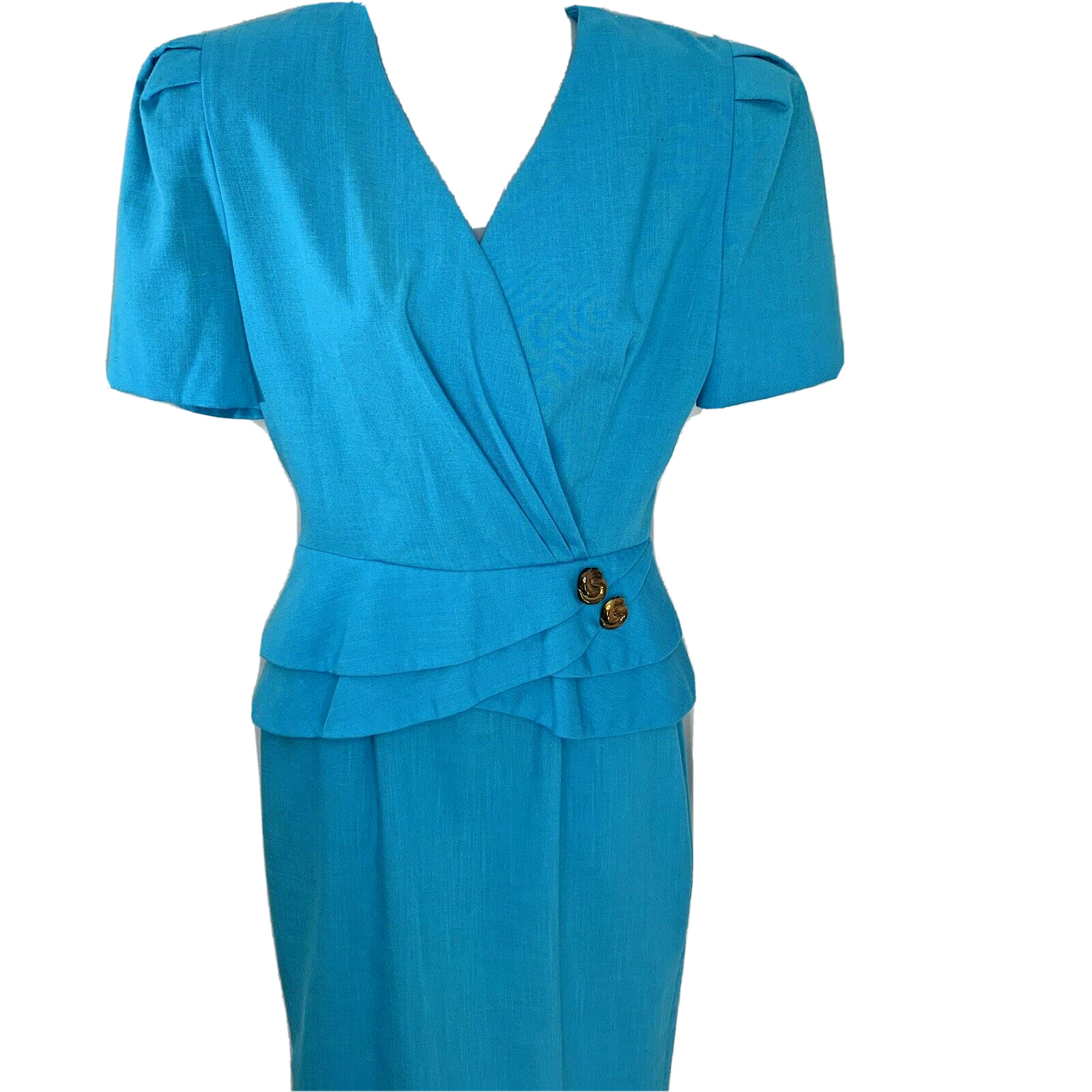 Blue Pleat Secretary Shift Dress Women Sz 6 Shoulder Pads Made USA Vintage 80s