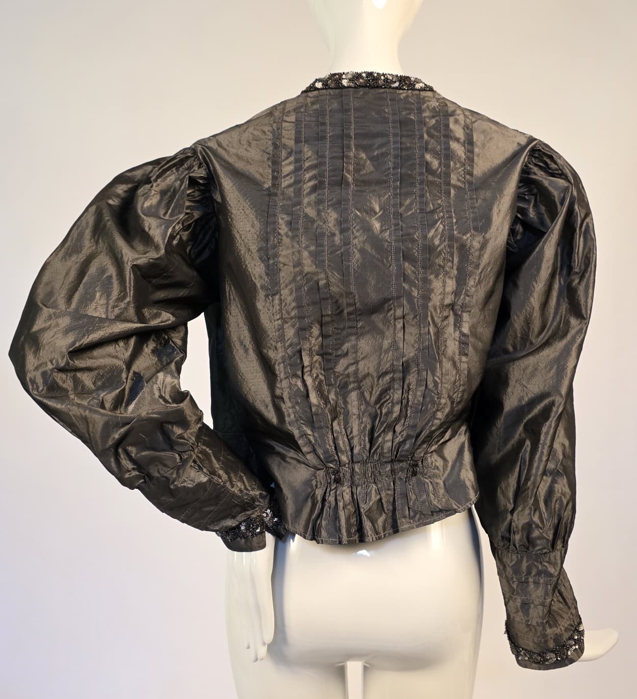 EARLY EDWARDIAN GUNMETAL GRAY SILK TAFFETA JACKET W SEQUIN + BEAD NECKLINE