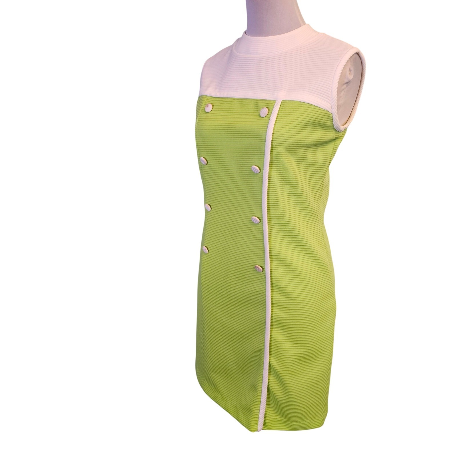Vintage 60s Mod Lime Green White Ribbed Shift Dress ILGWU Union Made Womens XL
