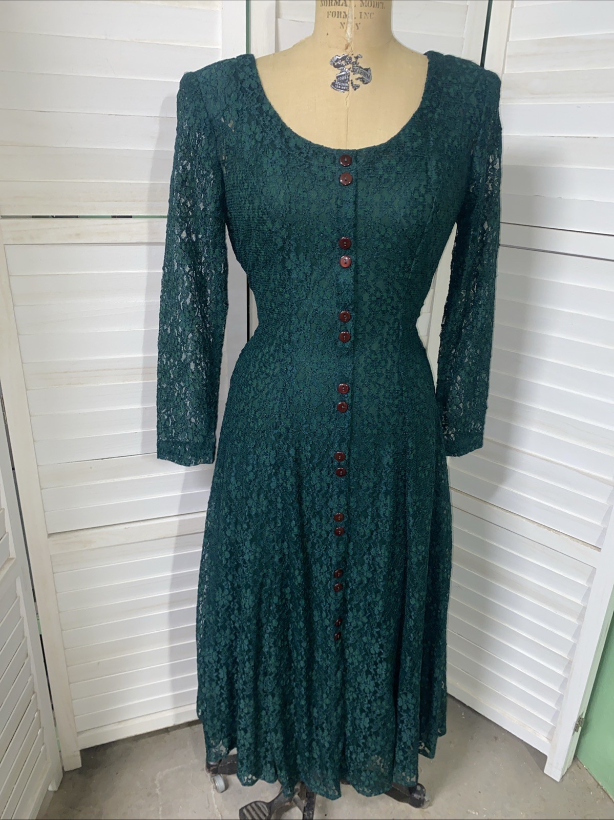 Vintage 90s Joni Blair Whimsigoth Green Maxi Lace Dress Over Slip Tie Back Med