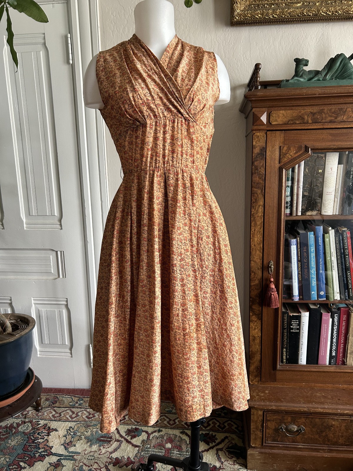 Vintage 1950s Orange Floral Sundress Sleeveless Wrap Summer Light Day Dress XS S