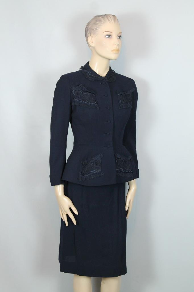 RARE Vtg 40s HATTIE CARNEGIE Navy 2pc Suit Blazer Jacket Pencil Skirt w/ Lace S