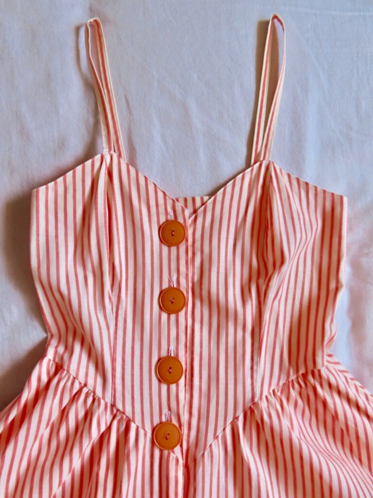 1990s Vintage Orange Stripe Pockets Hang Ten Full Skirt Dress sz XS / 32&Prime; chest