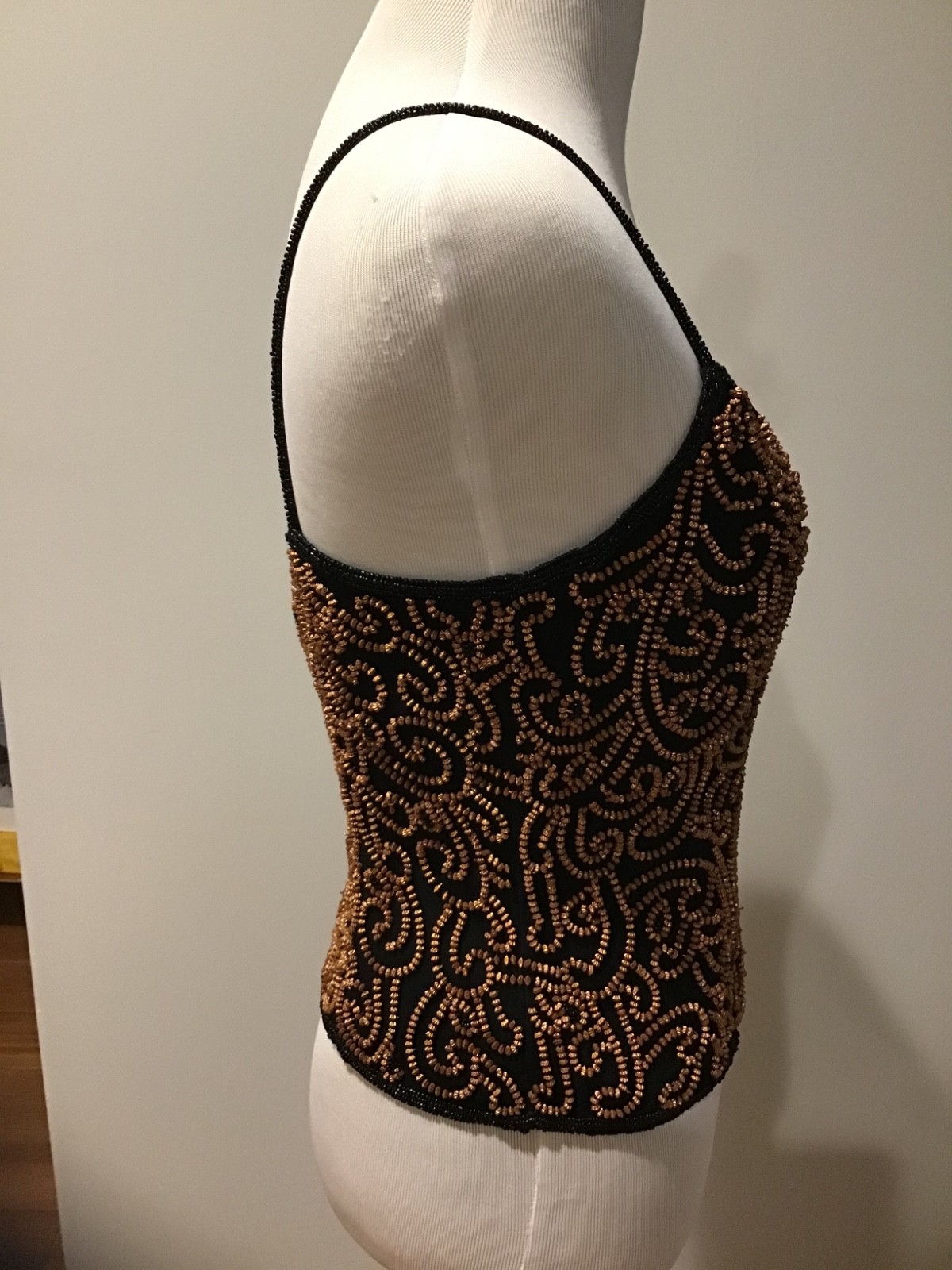 Vintage 90s Cache Black Beaded Cami Top Size 2 Bronze Embellished Boned Corset