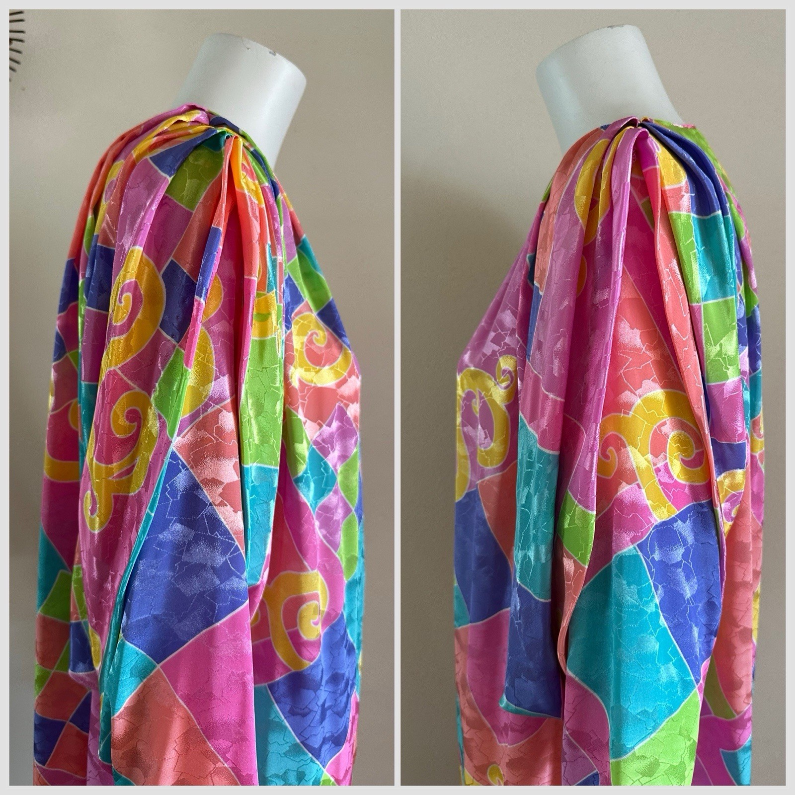 1980s David Brown Brocade Hostess Dress Maxi Resort Geometric Neon Deco Mumu VTG