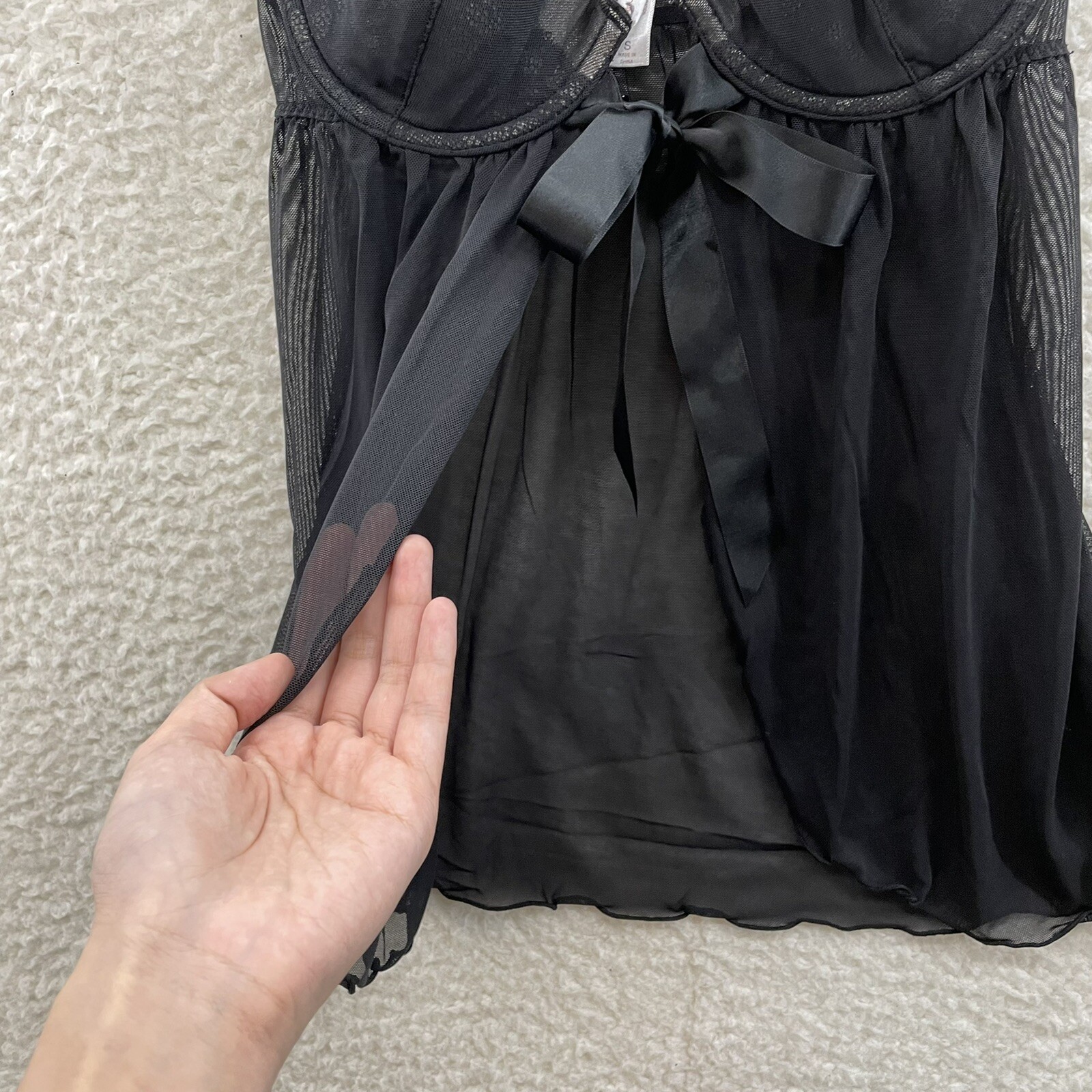 Y2K Vintage Gilligan O&rsquo;Malley Babydoll Slip Small Black Mesh Bow Padded Cupped