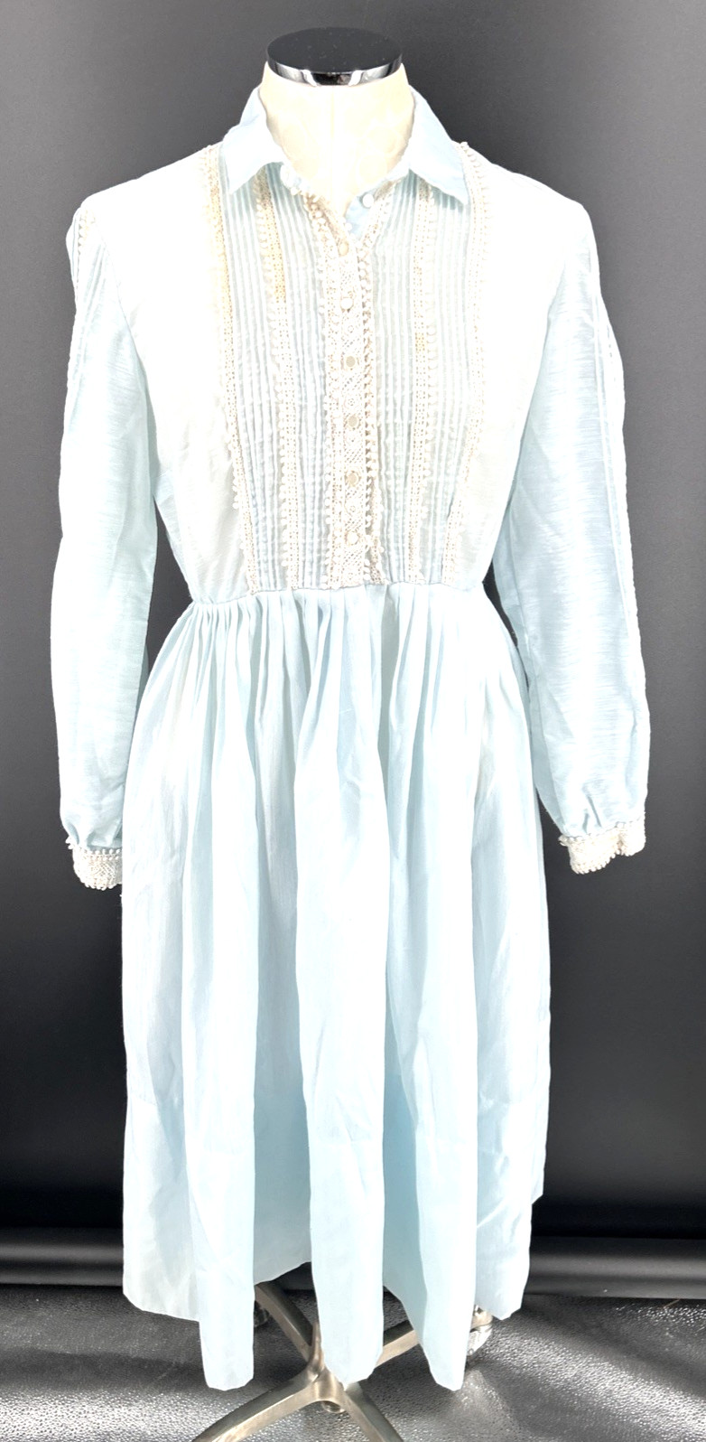 L&rsquo;Aiglon Laiglon Dress Blue Sz 16 Lace Trim Shirtmaker Dress Cottagecore Vintage
