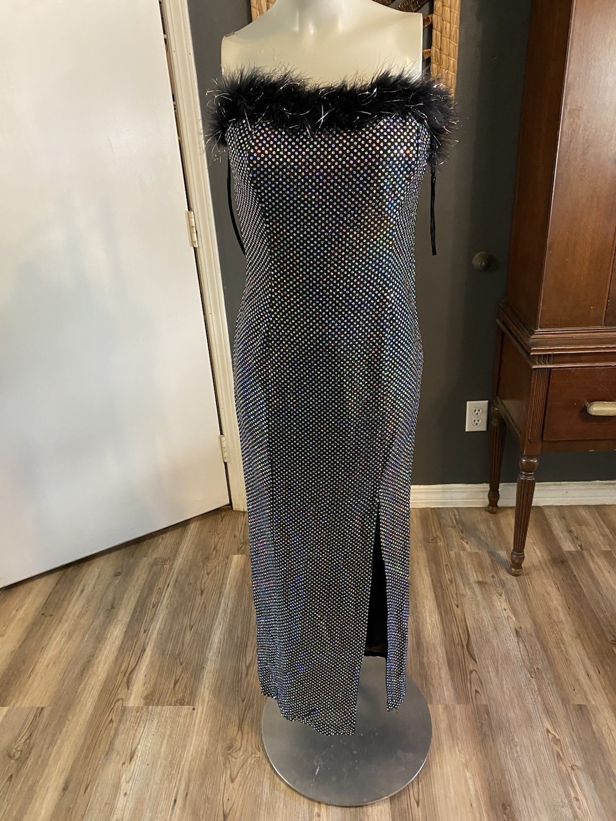 Vintage Green Land Glamour Hollywood Evening Dress Silver Dots Feather Trim Sz M