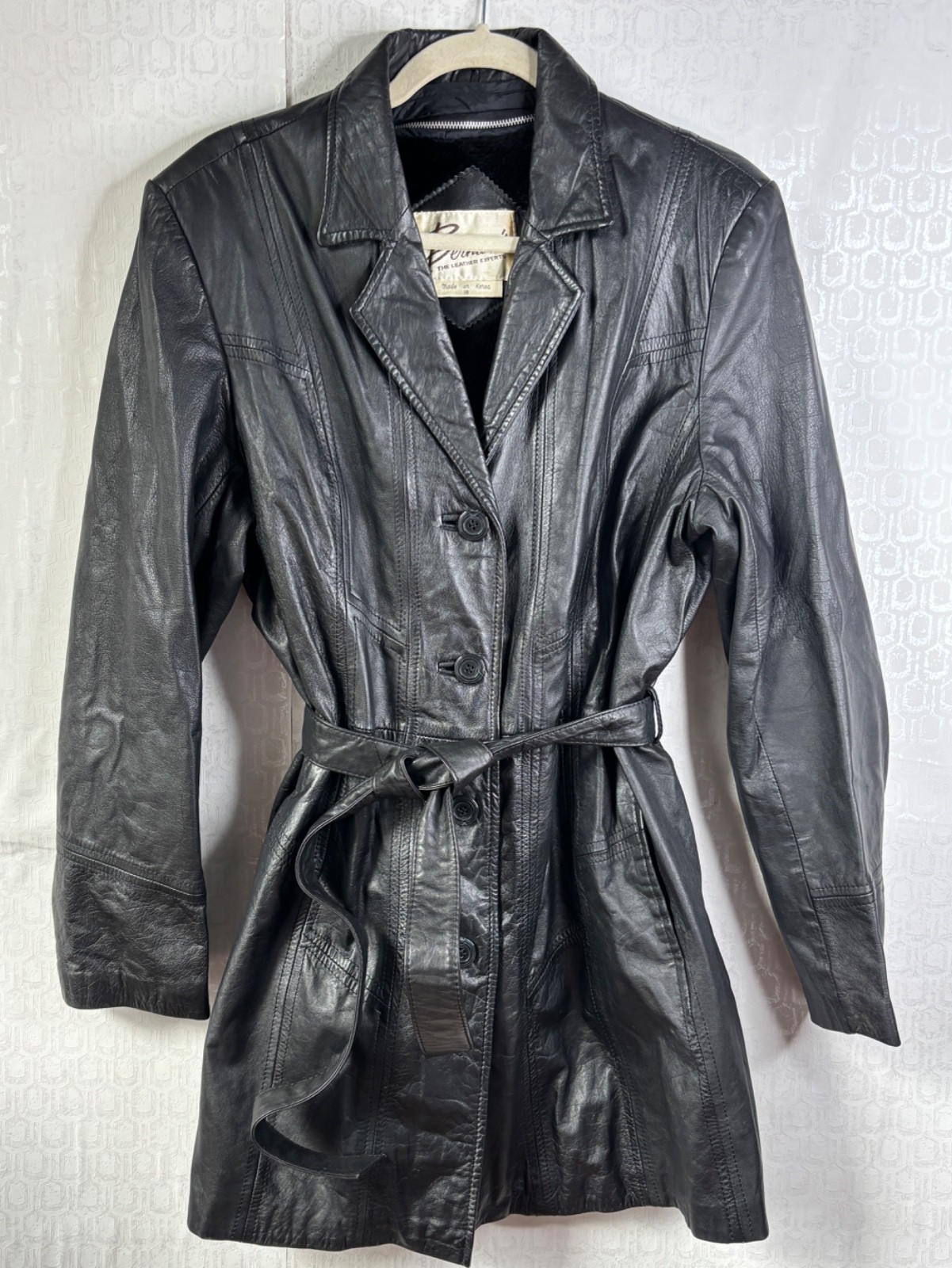 VTG 70&rsquo;S BERMANS BLACK LEATHER DISCO FAUX FUR SHERLING BELTED JACKET*WOMENS -M