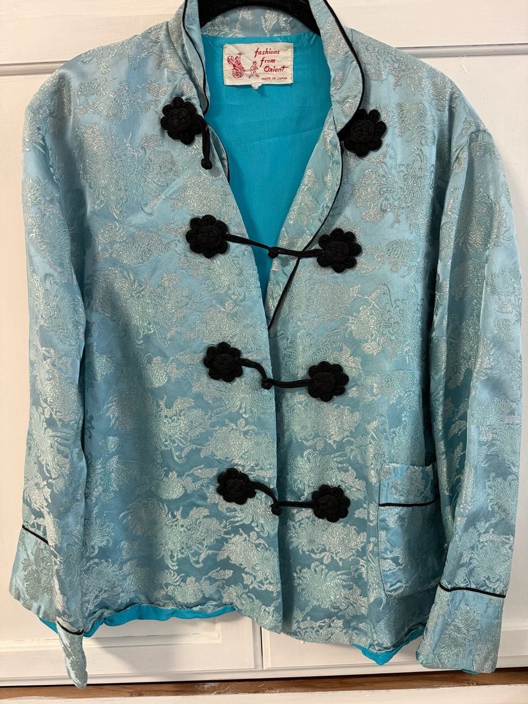 Vintage Fashions From Orient Aqua Blue Brocade Mandarin Jacket with Frog Closure