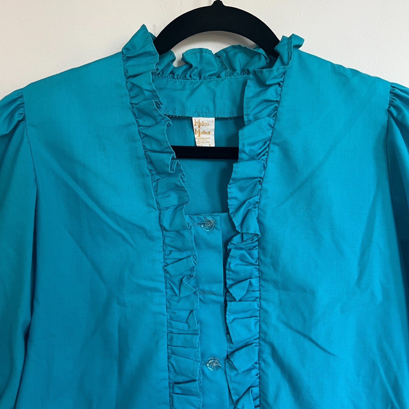 Vintage Malco Modes Turquoise Ruffle Prairie Blouse Size S Cottagecore USA