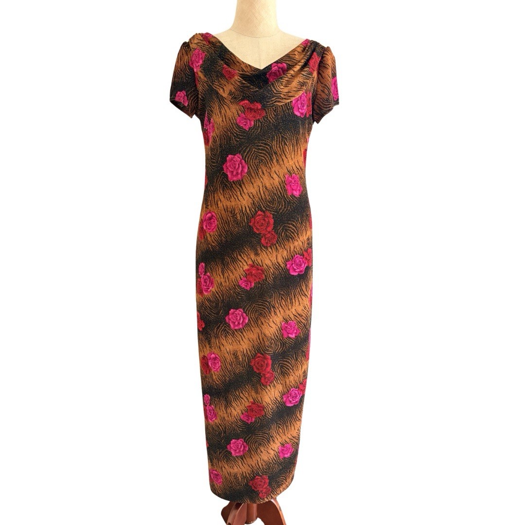 y2k Scarlett Black Brown Tiger Print Rose Pattern Maxi Dress Sparkly Cowl Neck