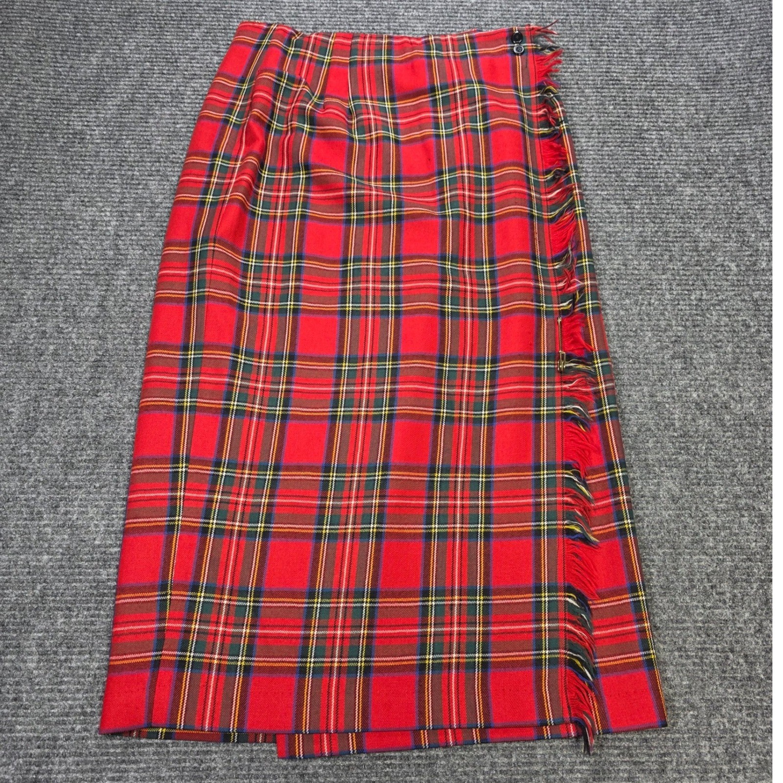 Rafaella VTG Worsted Wool Kilt Wrap Midi Skirt Women&rsquo;s Size 14 Red Plaid Fringe