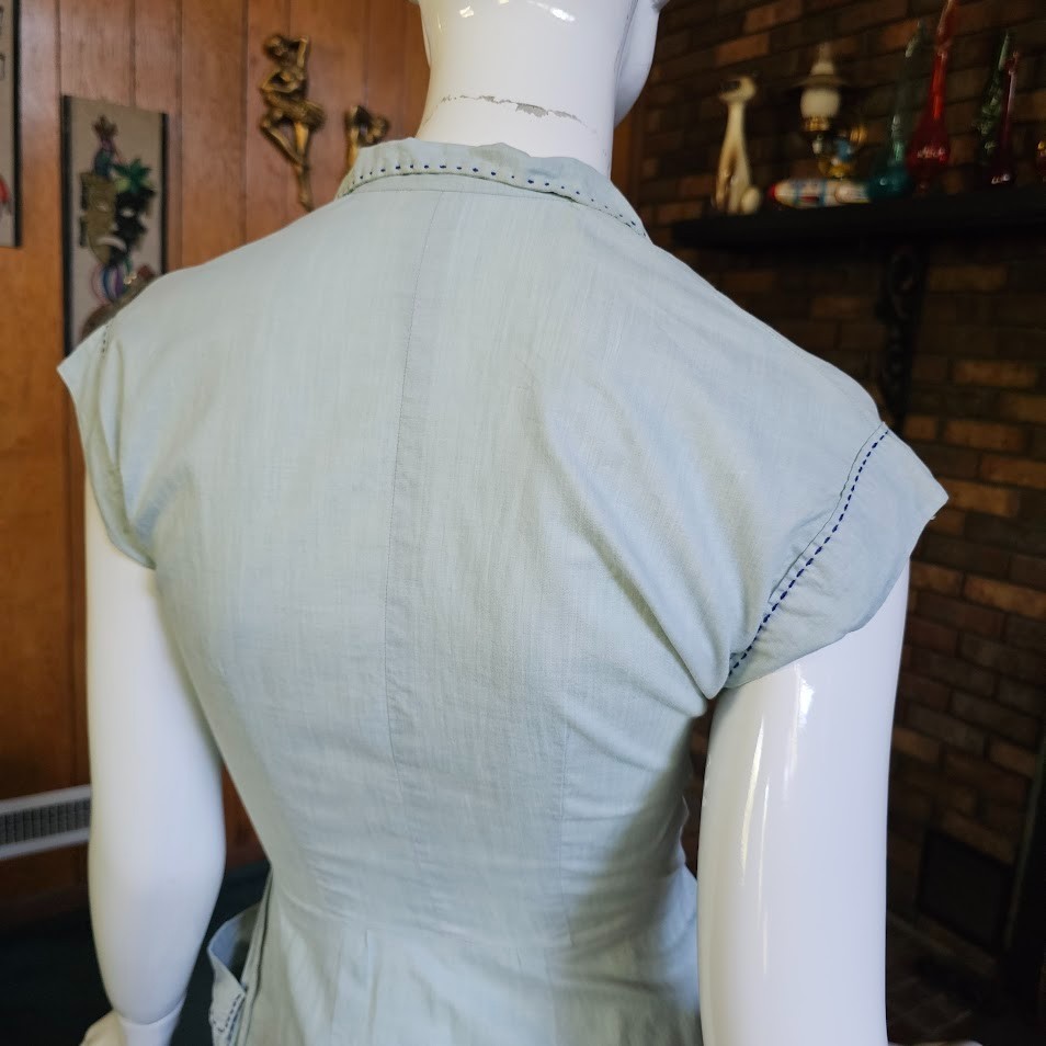 Vtg 40s 50s Novelty Pocket Chambray Full Skirt Chore House Rockabilly Dress XS/S