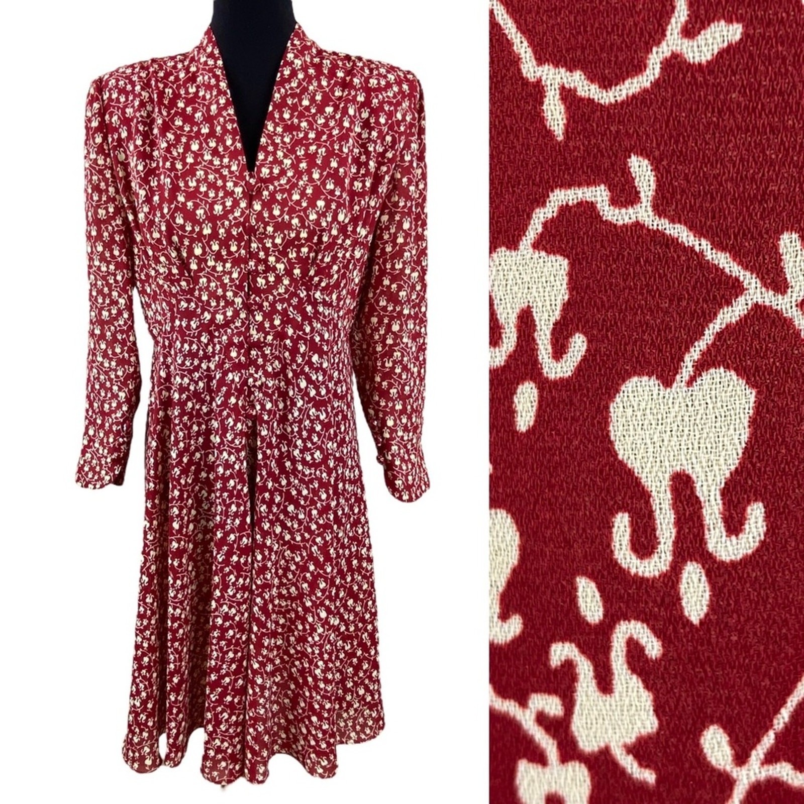 Vintage 80’s Red Floral Long Sleeve Midi Dress Size 12 Gorgeous Details