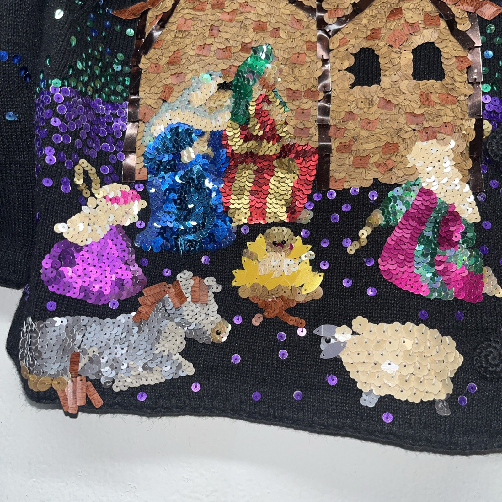 2001 VTG Michael Simon Event Nativity Scene Sequin Sweater Cardigan S