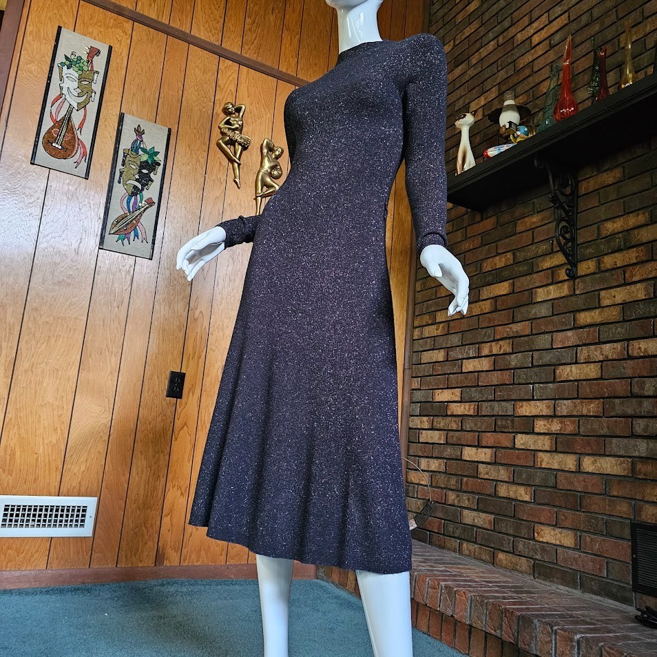 Vtg 80s Rainbow Glitter Goth Starry Night Metallic Knit Midi Party Emo Dress S