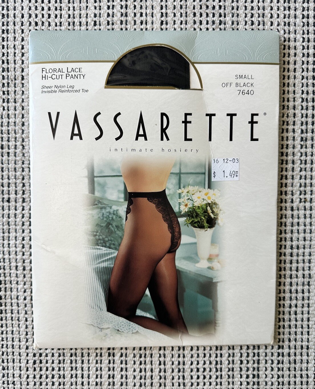Vassarette Intimate Hosiery SM Off Black 7640 Floral Lace Hi Cut Panty Sheer Leg