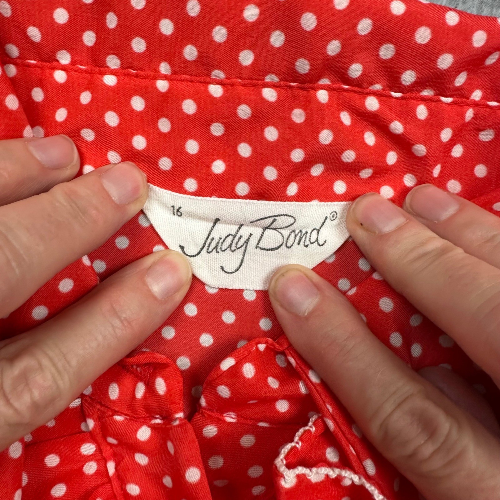 Vtg Judy Bond Red Polka Dot Ruffle Front Blouse Long Sleeve Retro Top Sz 16