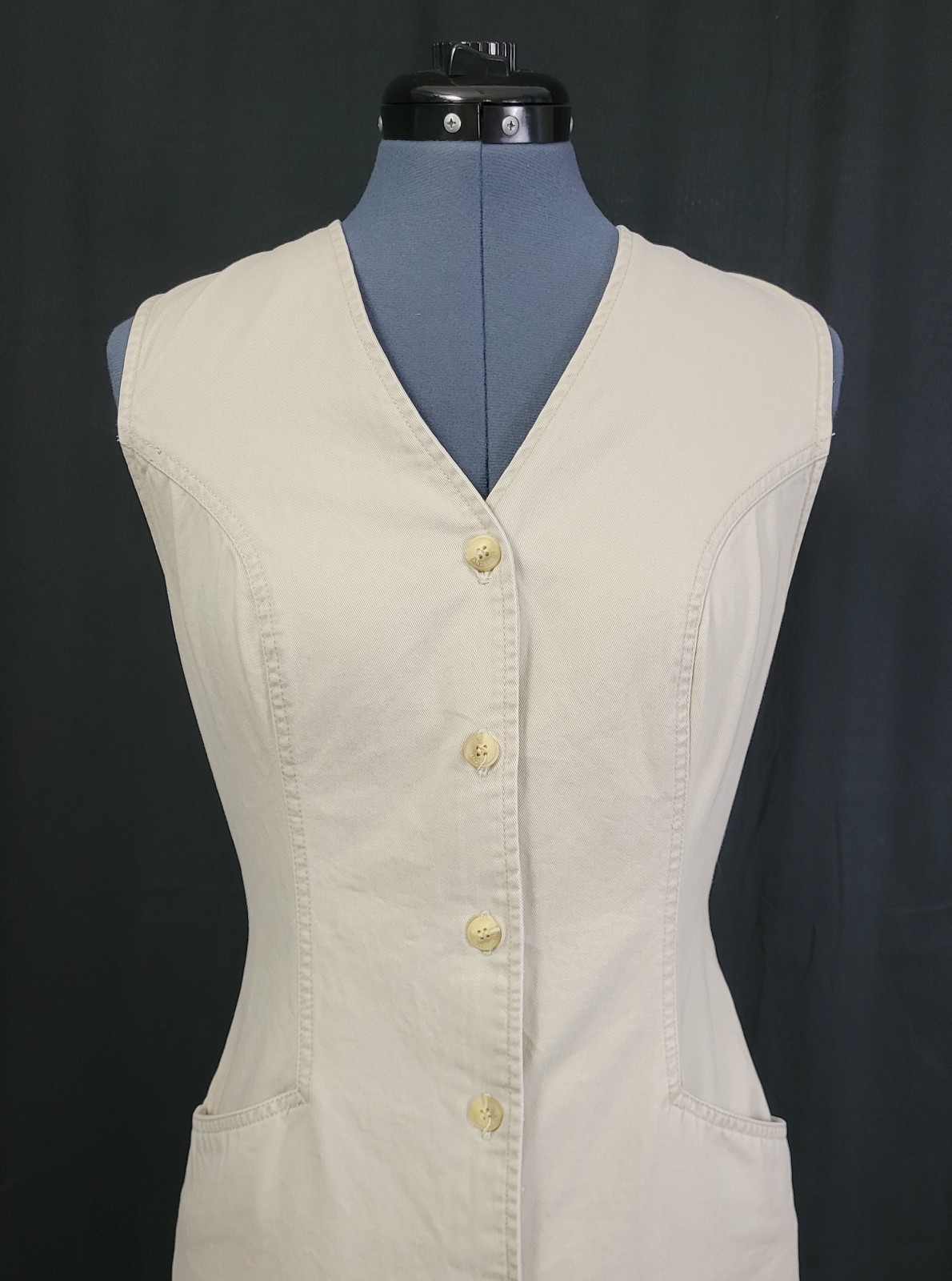 Vintage Gloria Vanderbilt Khaki Button Down Sheath Dress w Pockets Size S