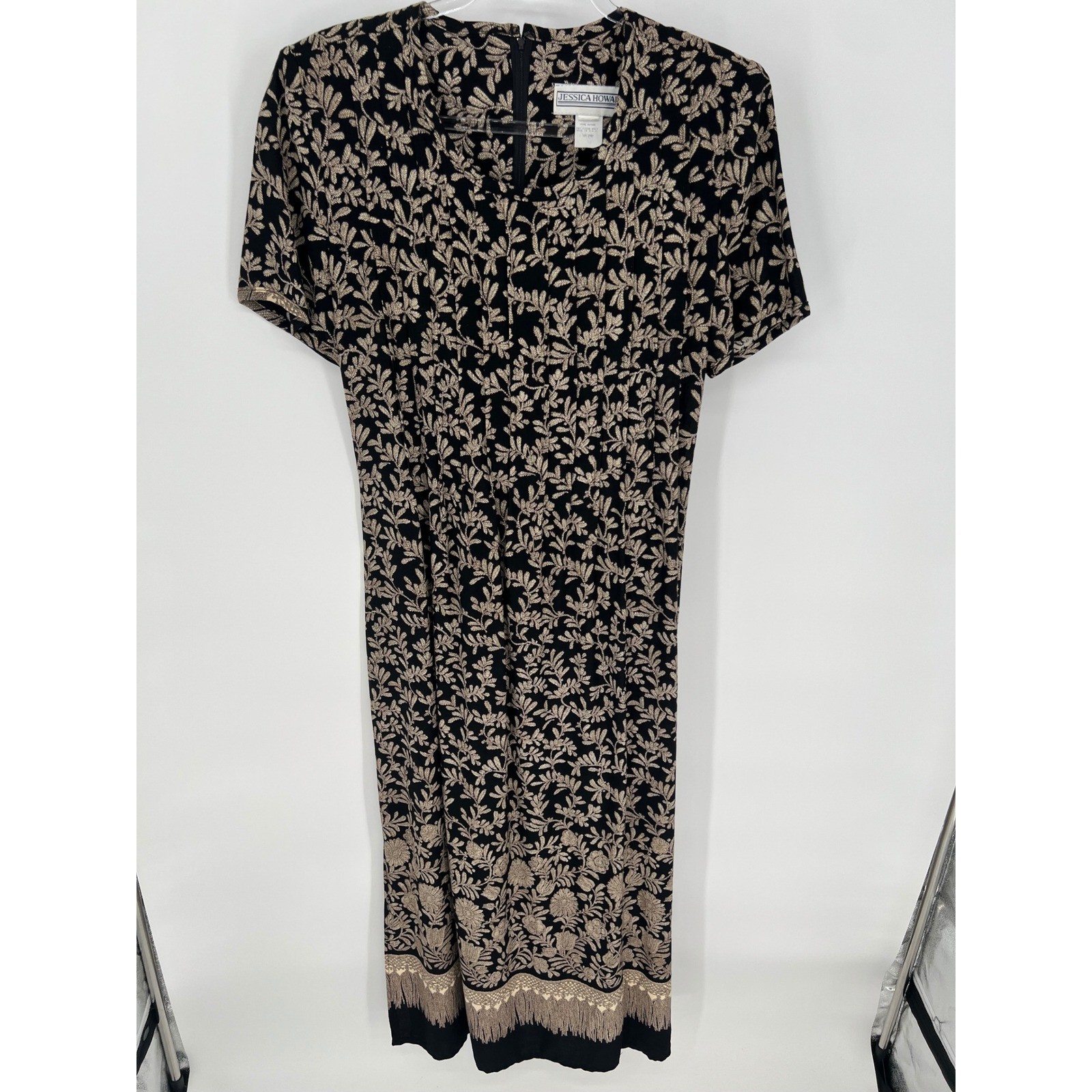 JESSICA HOWARD Shoulder Pads Vintage 90s Maxi Dress 10 Black Tan Floral Tie Back
