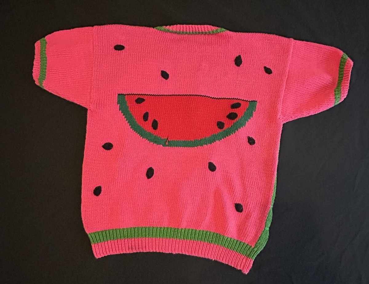 VTG 80&rsquo;s PICKING WATERMELON HANDMADE PERUVIAN EMBELLISHED NOVELTY SWEATER S-LG