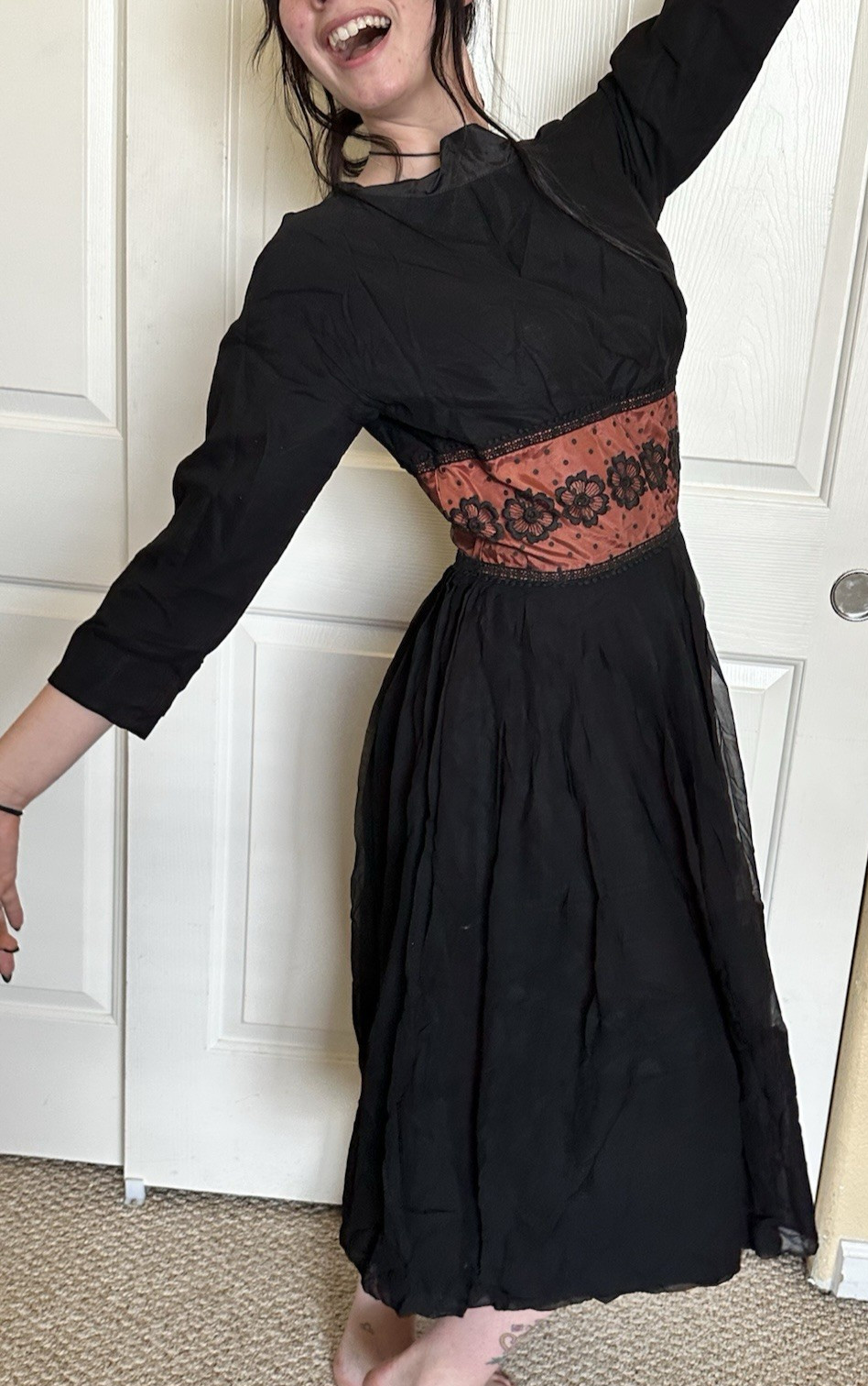 Vtg L&rsquo;Aiglon Black Fit Flare Floral Rockabilly Dress Goth Boho Witchy Halloween