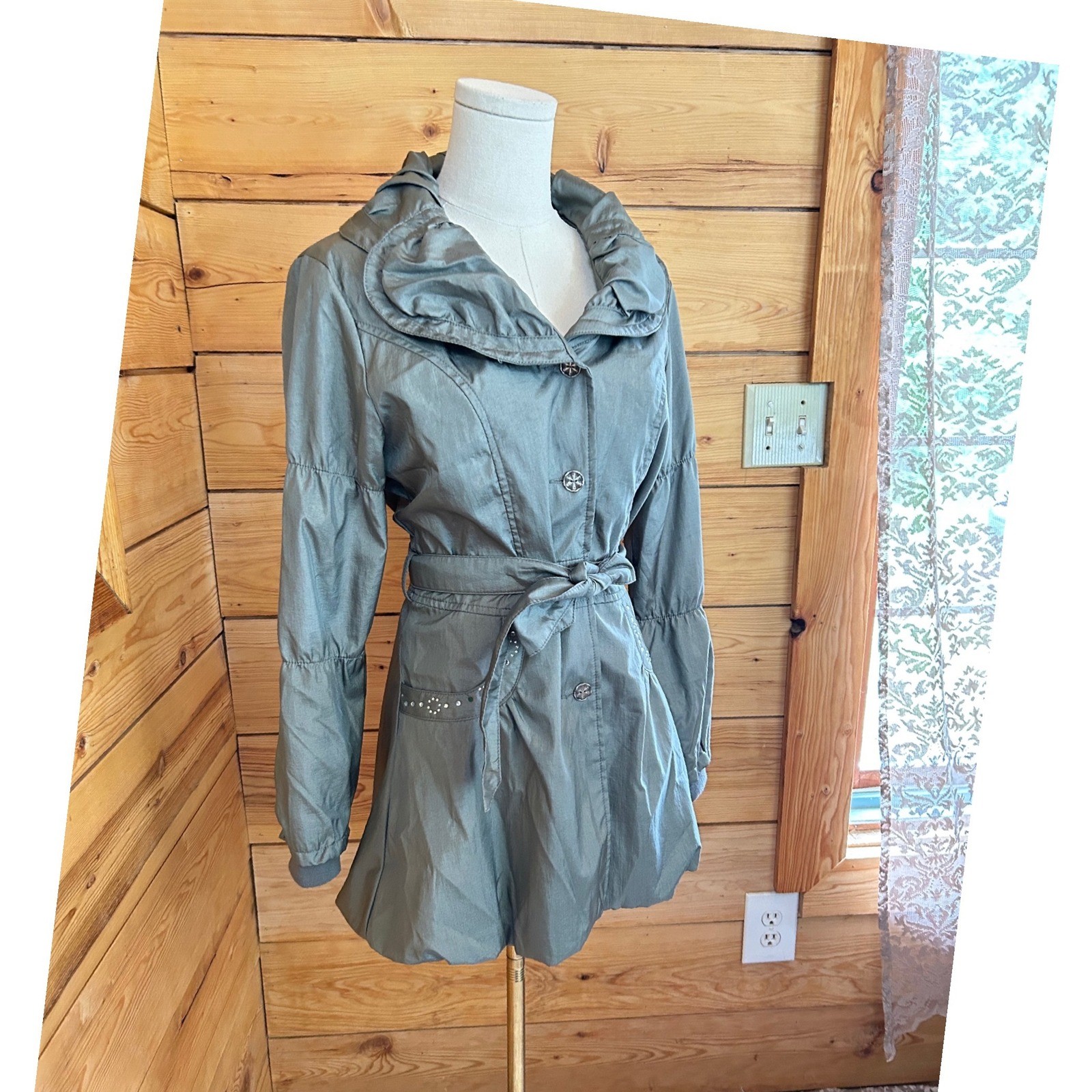 Vintage Metallic Trench Coat Womens Large Pewter Gray Samuel Dong Bubble Hem 90s