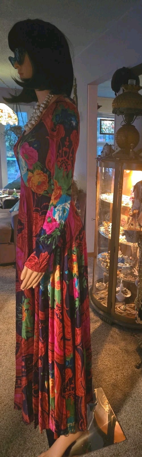 Vintage 70s Floral Psychedelic Maxi Dress Long Sleeve Boho Hippie Gown