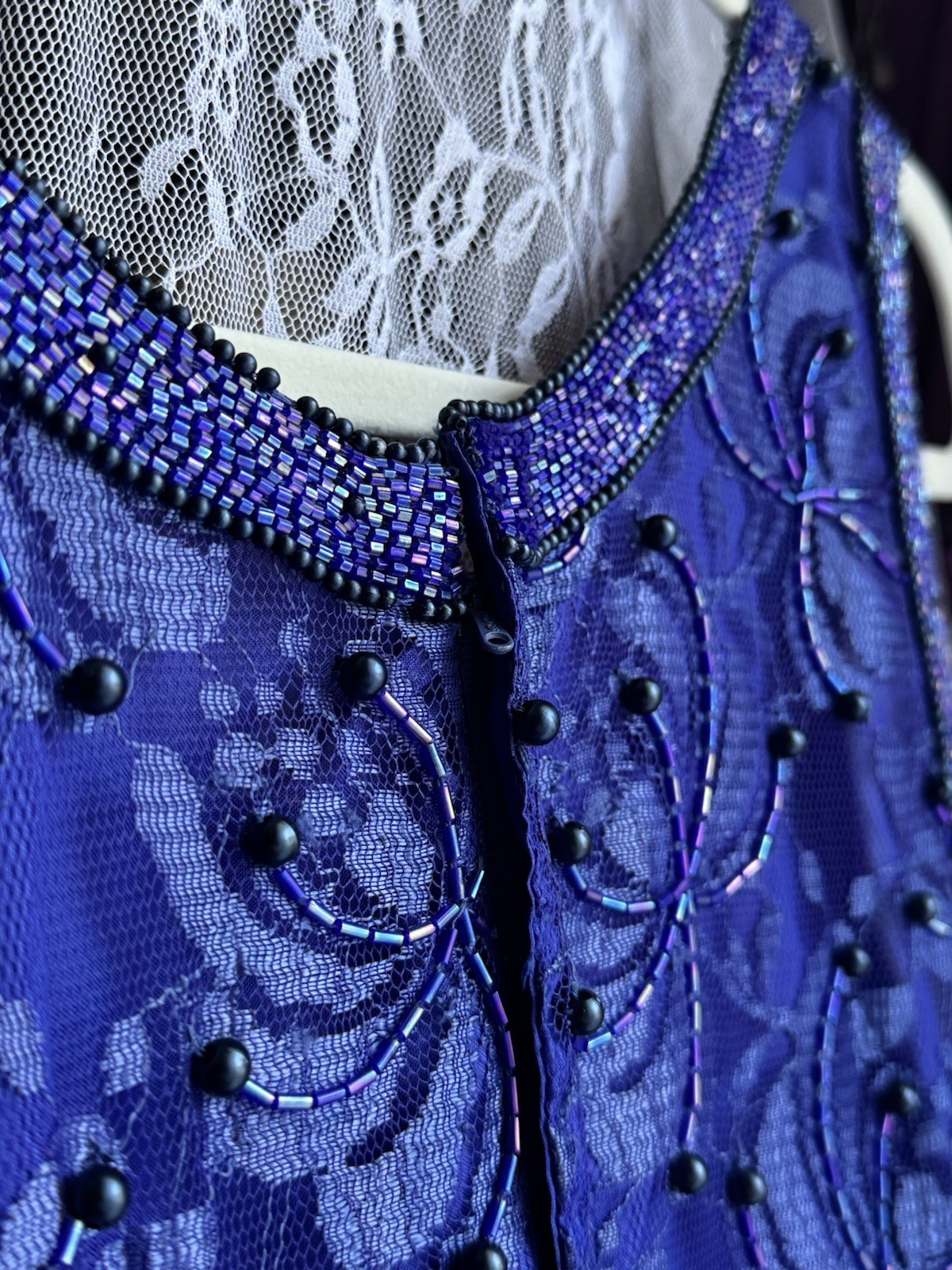 Vintage Fully Beaded Royal Blue Lace Party Dress (Size M-L) Special Occasion