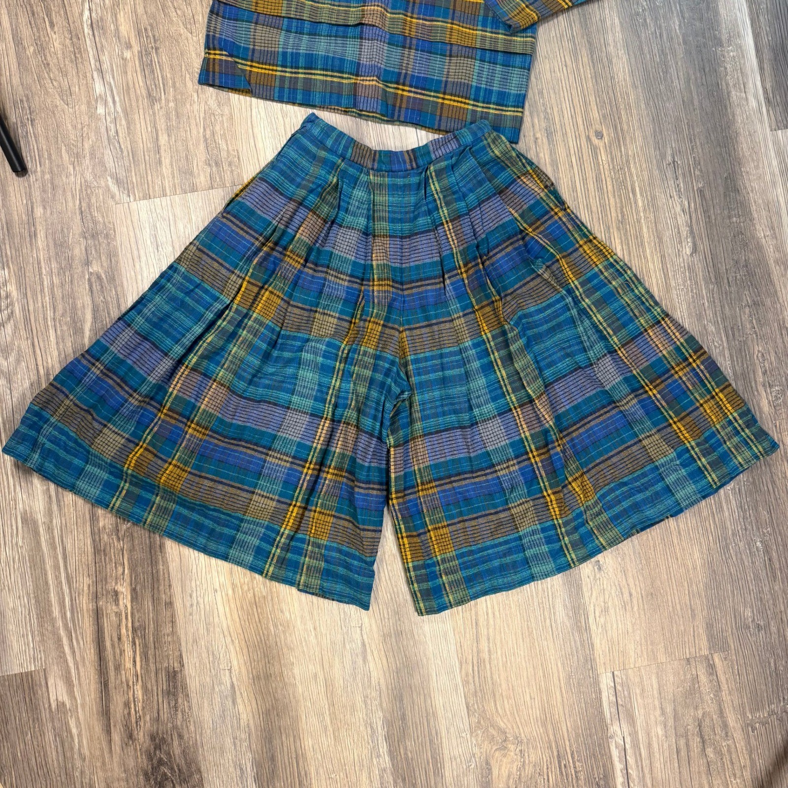 French Vintage Cottagecore Plaid Two Piece Set Gaucho Pants Folk Art Boho Cotton