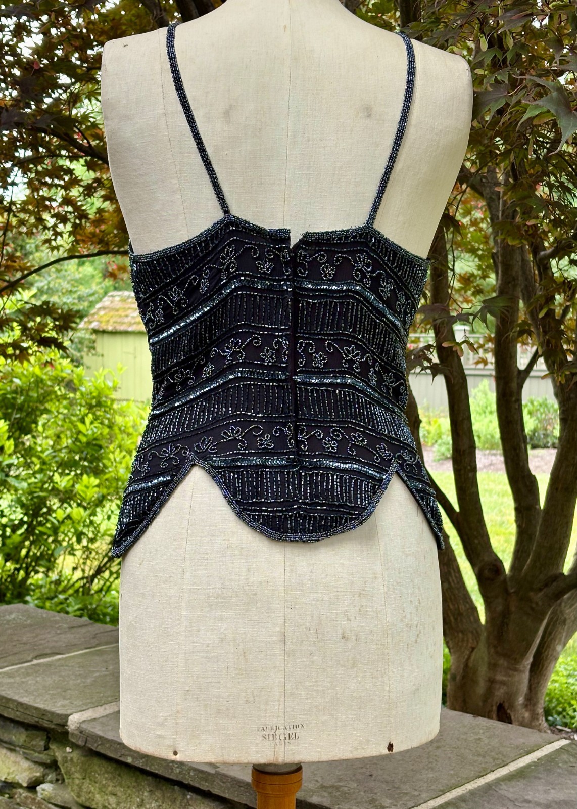 vtg BLACK silk BEADED fitted TOP CAMISOLE scallop by STENAY size XL seed & bugle