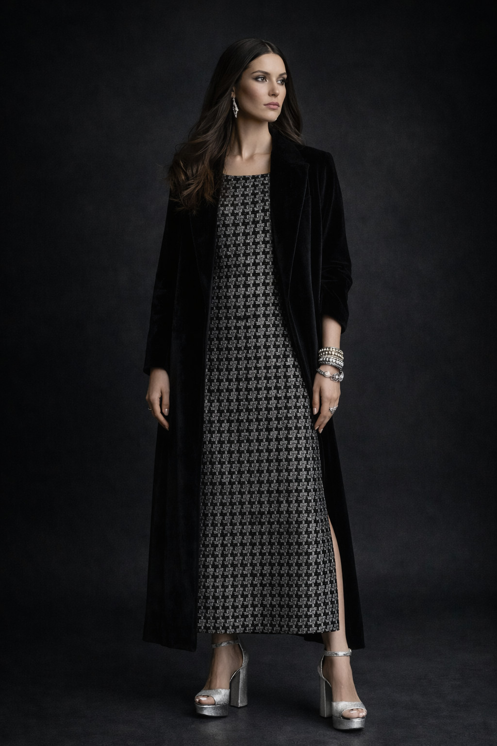 70s maxi dress black silver | handmade | brocade | disco look | size 38/40 |