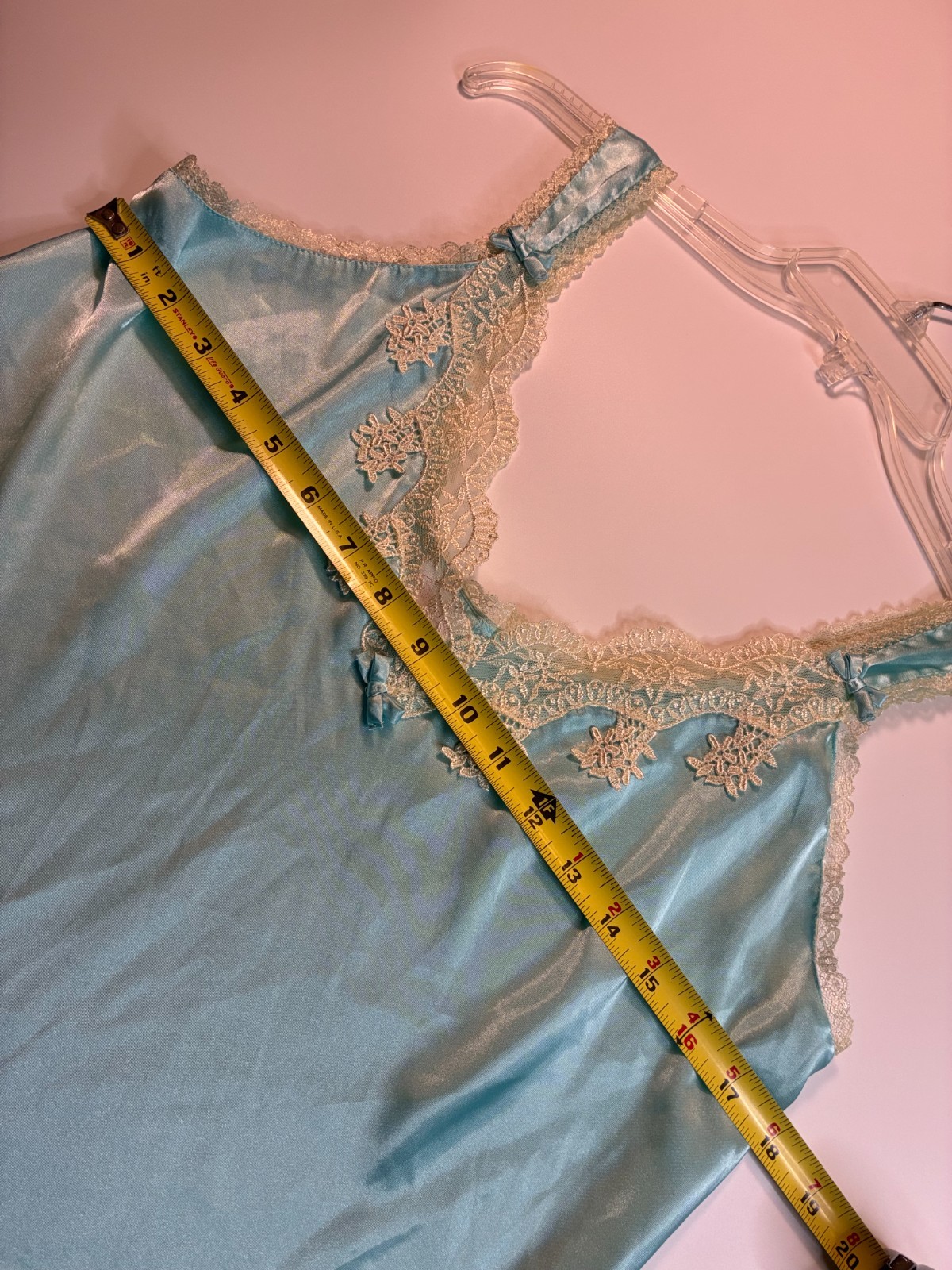 AQUA BLUE SLIP CHEMISE NIGHTGOWN Large Short Lace Flirty Nightie Liquid Satin