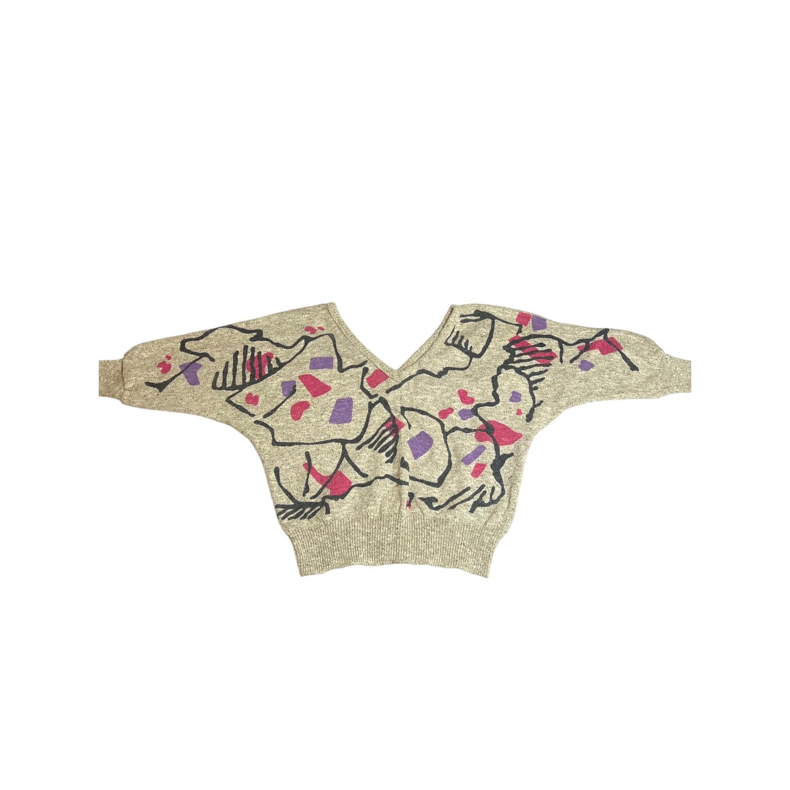 Vintage Beldoch Popper Abstract Knit Sweater V-Neck Batwing Oatmeal USA Made