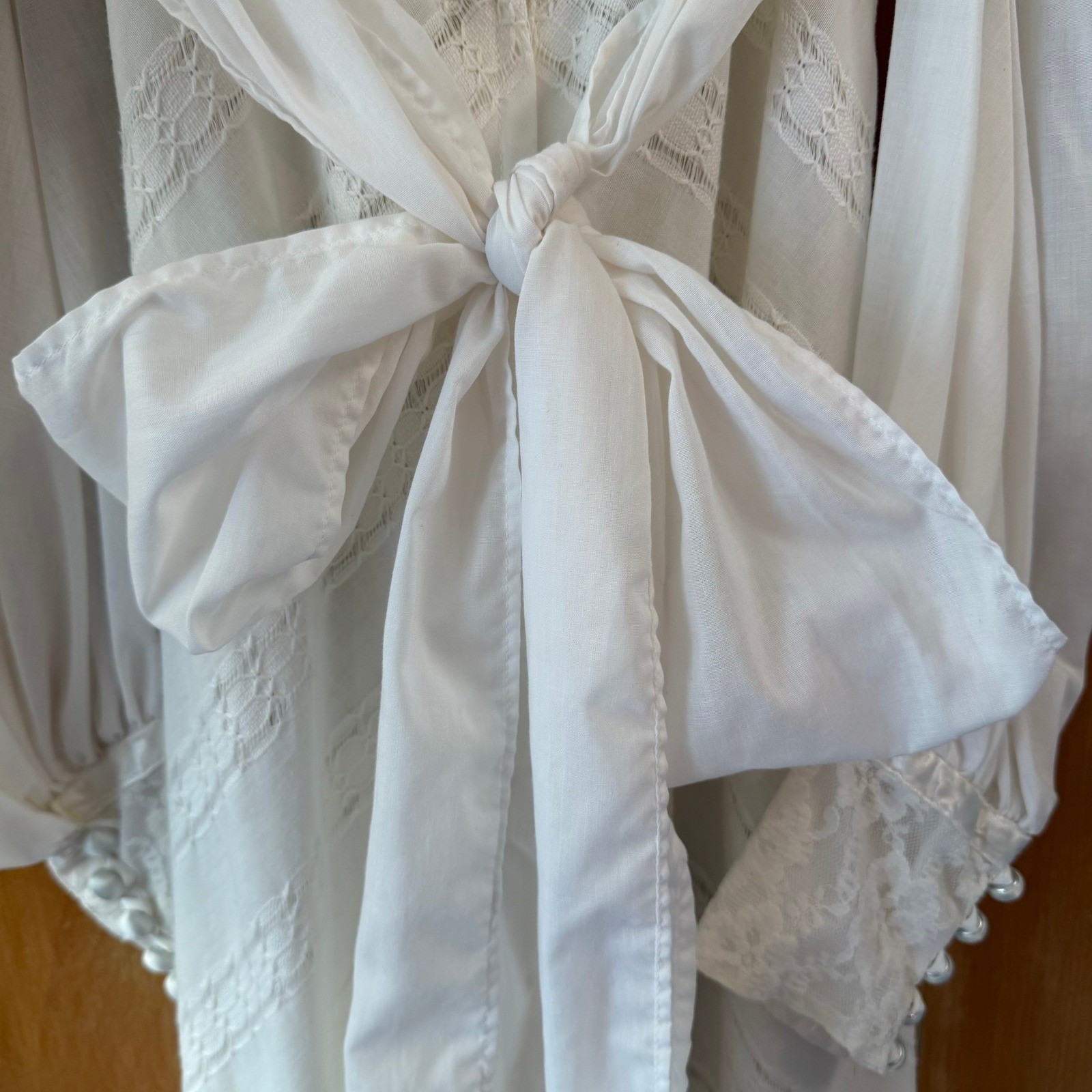 Vintage 70s Jody of California White Prairie Maxi Dress Lace Bishop Sleeve Small