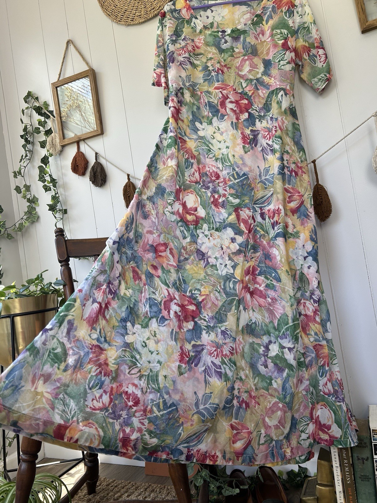Vintage 90s Watercolor Floral Maxi Dress Sheer Chiffon Kimono Sleeve Boho M L