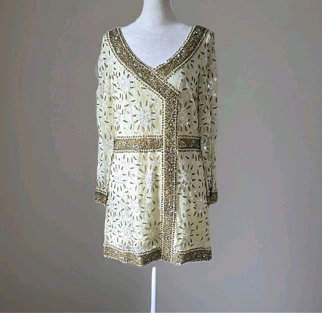 Vtg 60s 70s Beaded Tunic Top & Pants Set, Yellow & Gold, Vacation, S