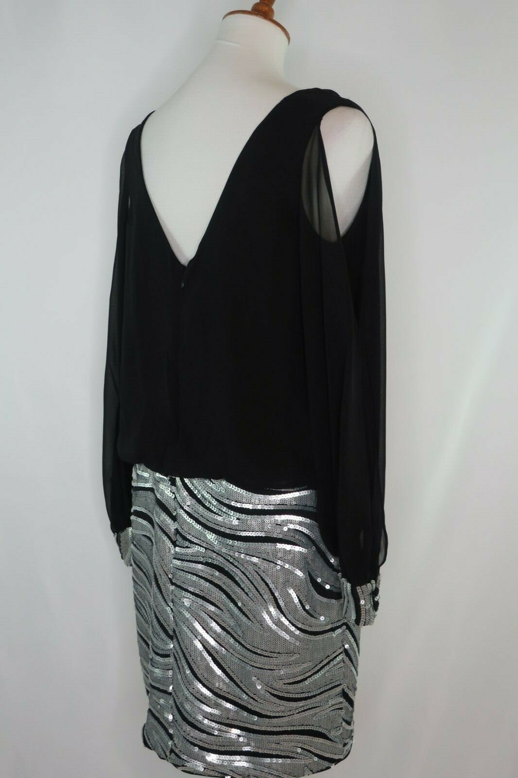 Cache Black Silver Sequin Evening Party Cocktail Dress Sheer Open Sleeve Size 10